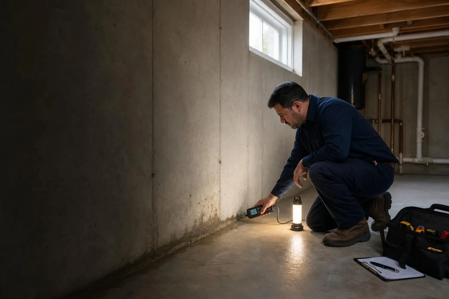 Waterproofing technician inspecting moisture along a concrete basement wall