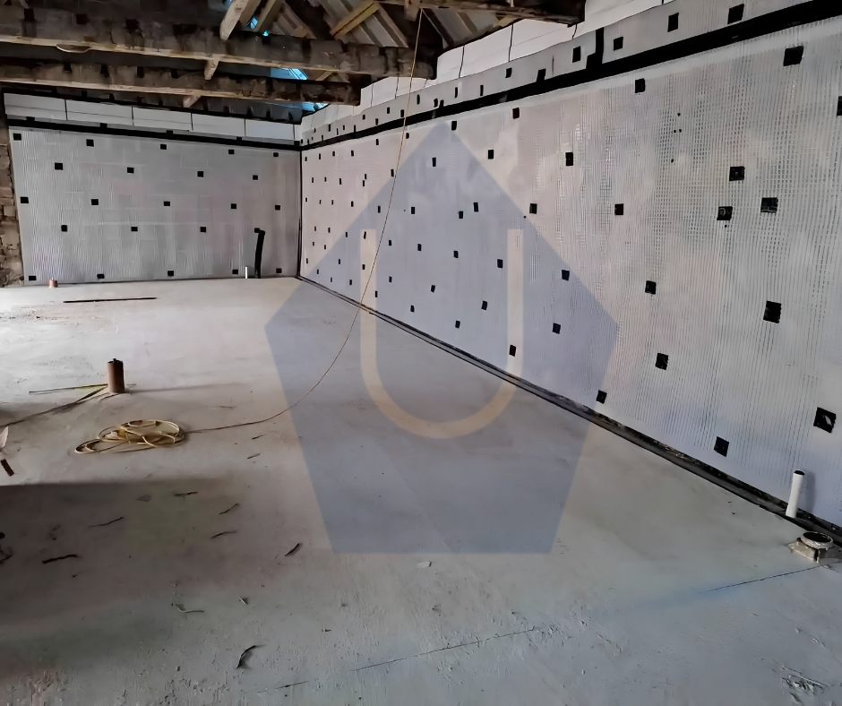Interior basement walls covered with a waterproofing membrane during installation